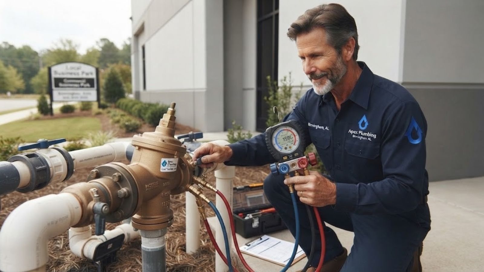 Technician testing a backflow preventer with a calibrated gauge