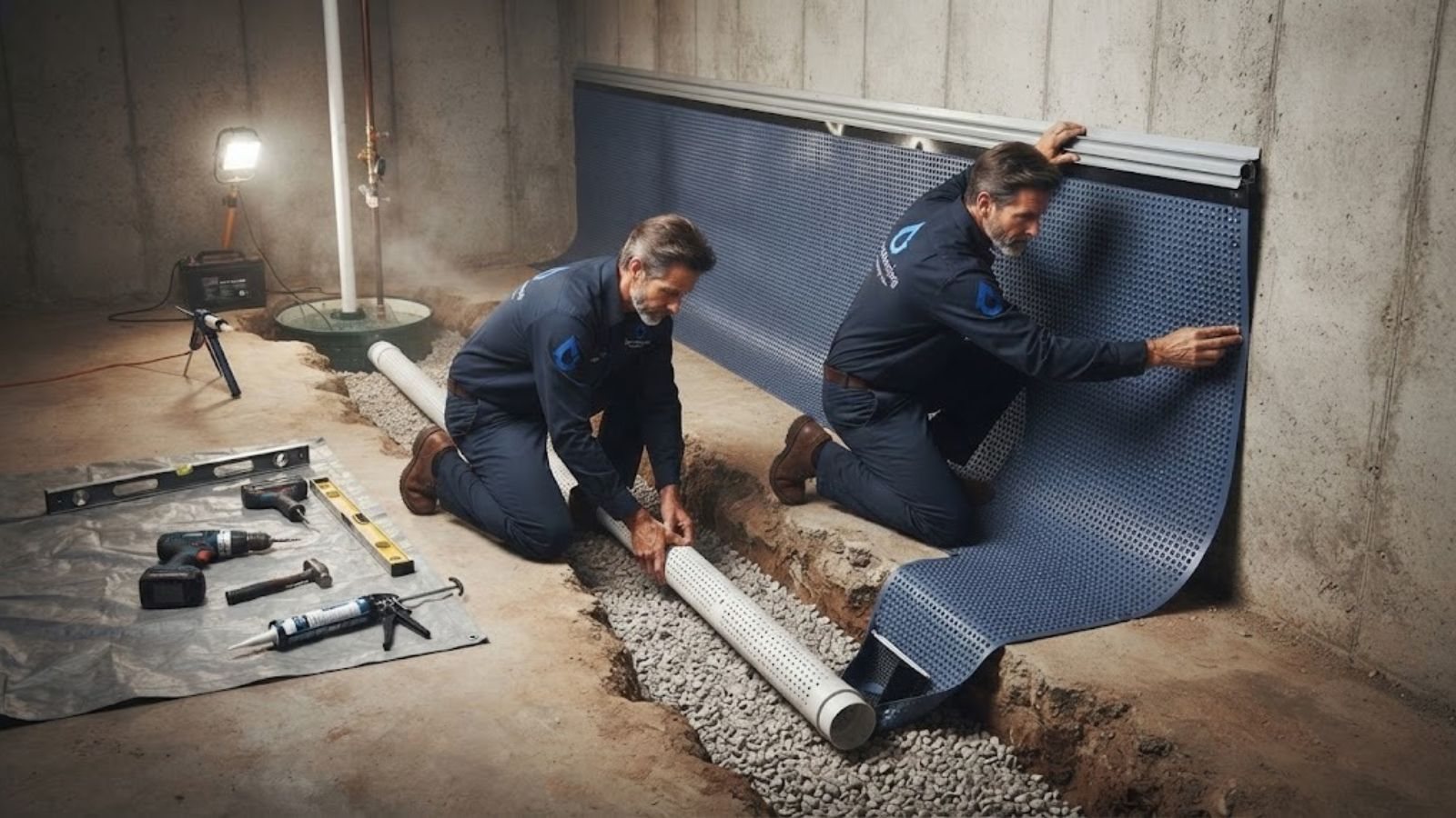 Interior basement waterproofing and drainage system installation in progress