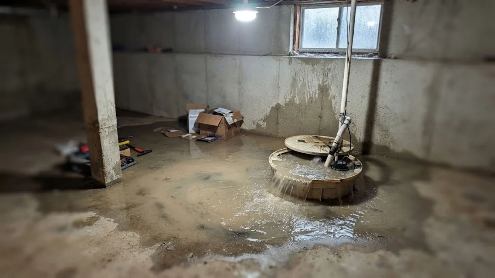 Standing water in a basement near a sump pump during heavy rain
