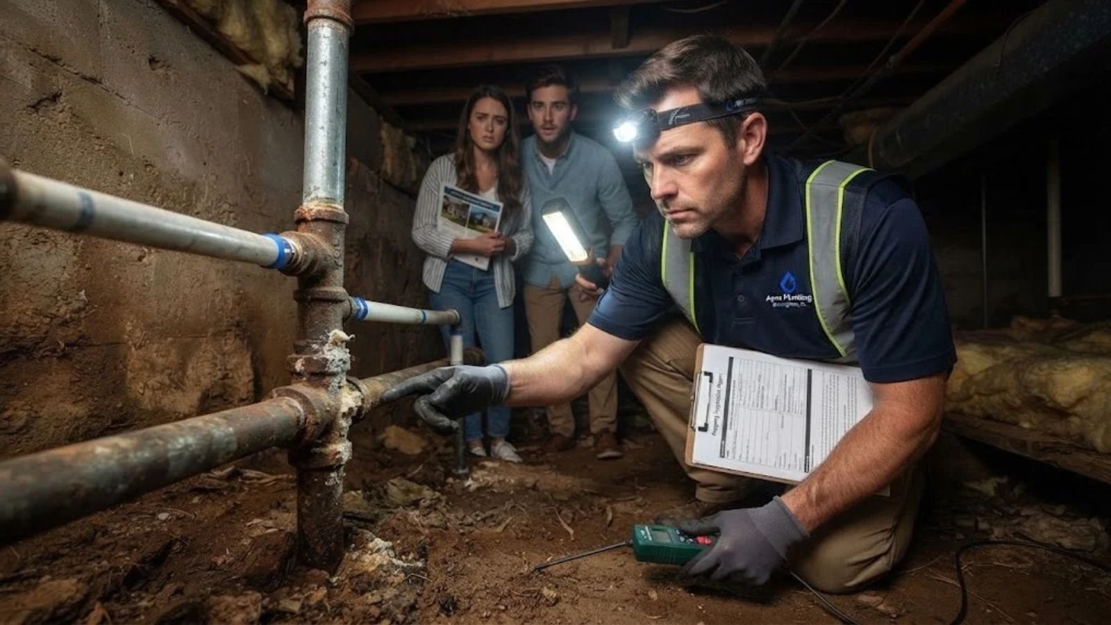 An inspector examining pipework in the crawlspace of an older home