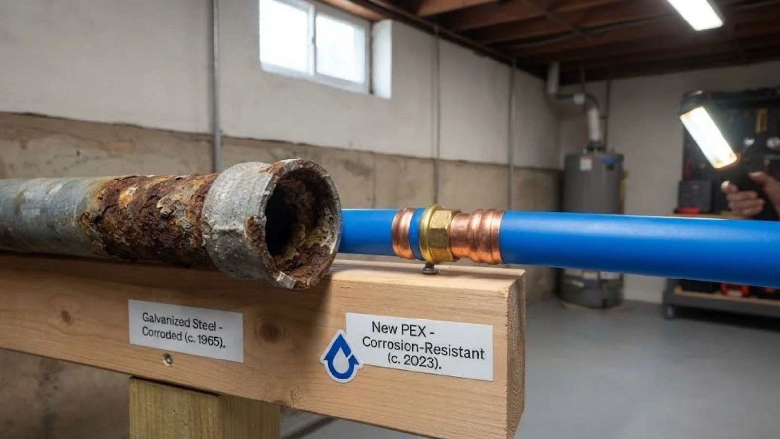 Old corroded pipe next to new PVC pipe, comparing pipe materials