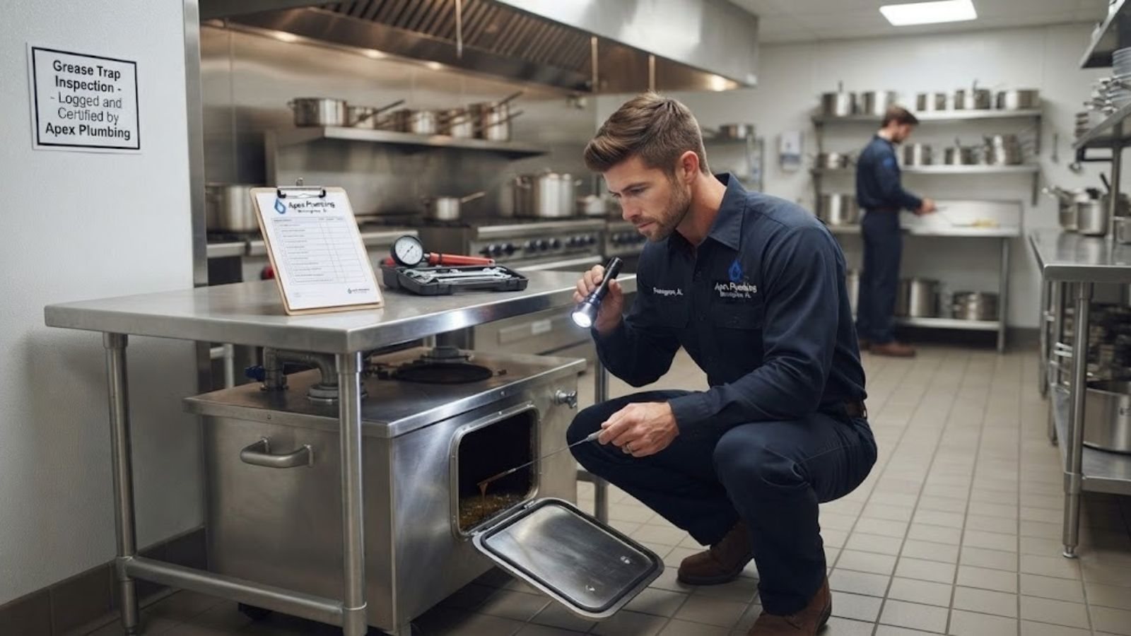 A grease trap being inspected in a commercial kitchen