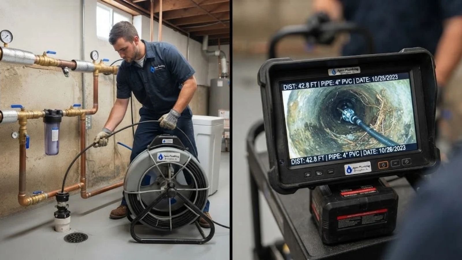 Drain cabling alongside a sewer camera inspection monitor