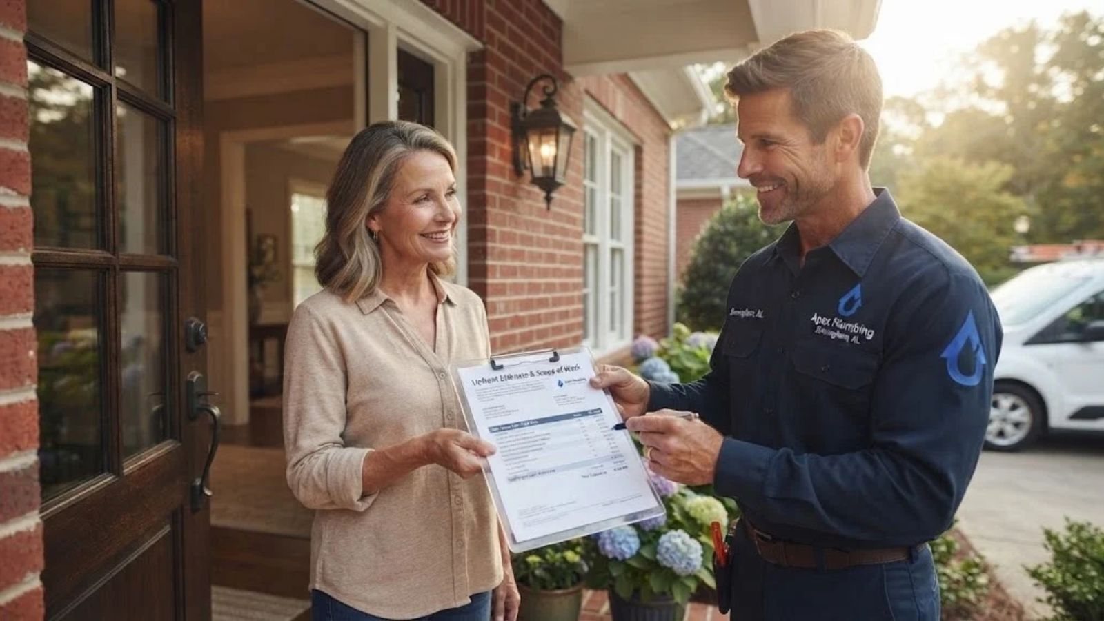 A technician reviewing a written estimate with a homeowner