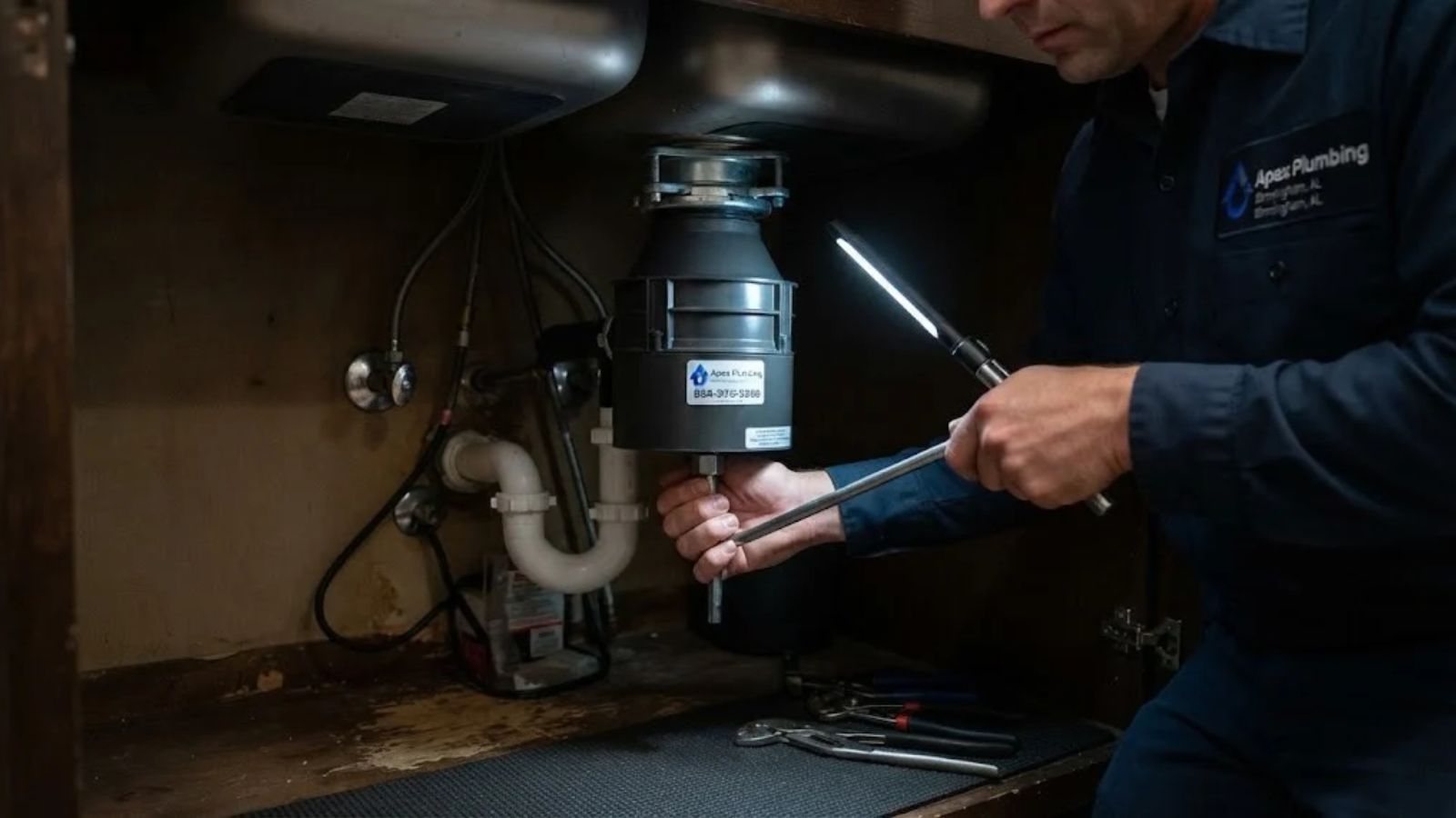 Clearing a jammed garbage disposal under a kitchen sink