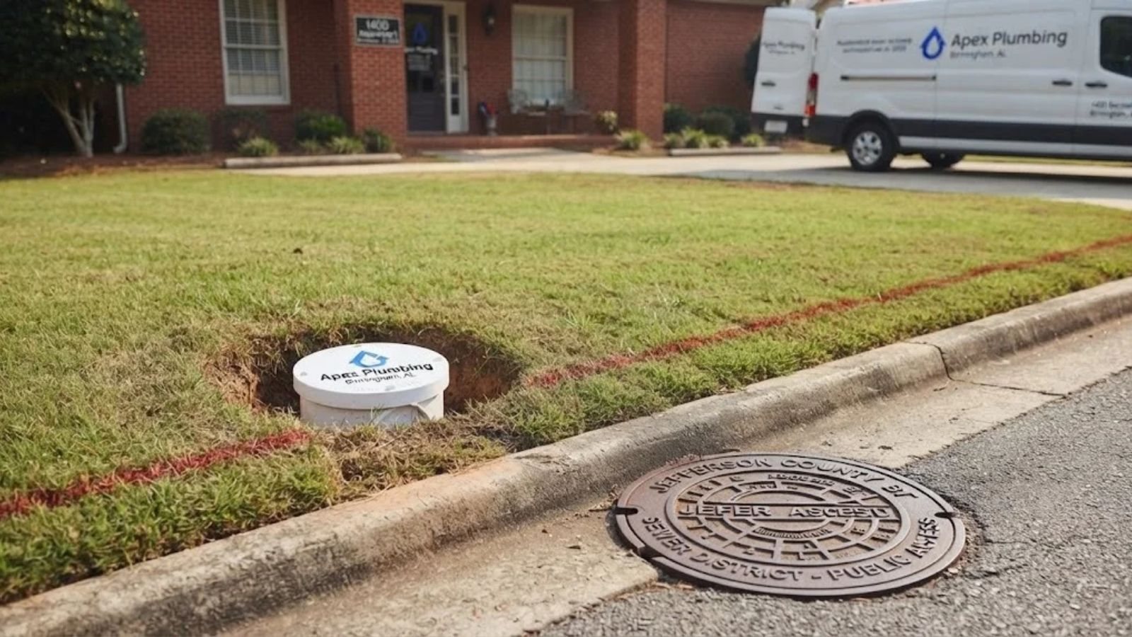 A residential sewer cleanout in a front yard