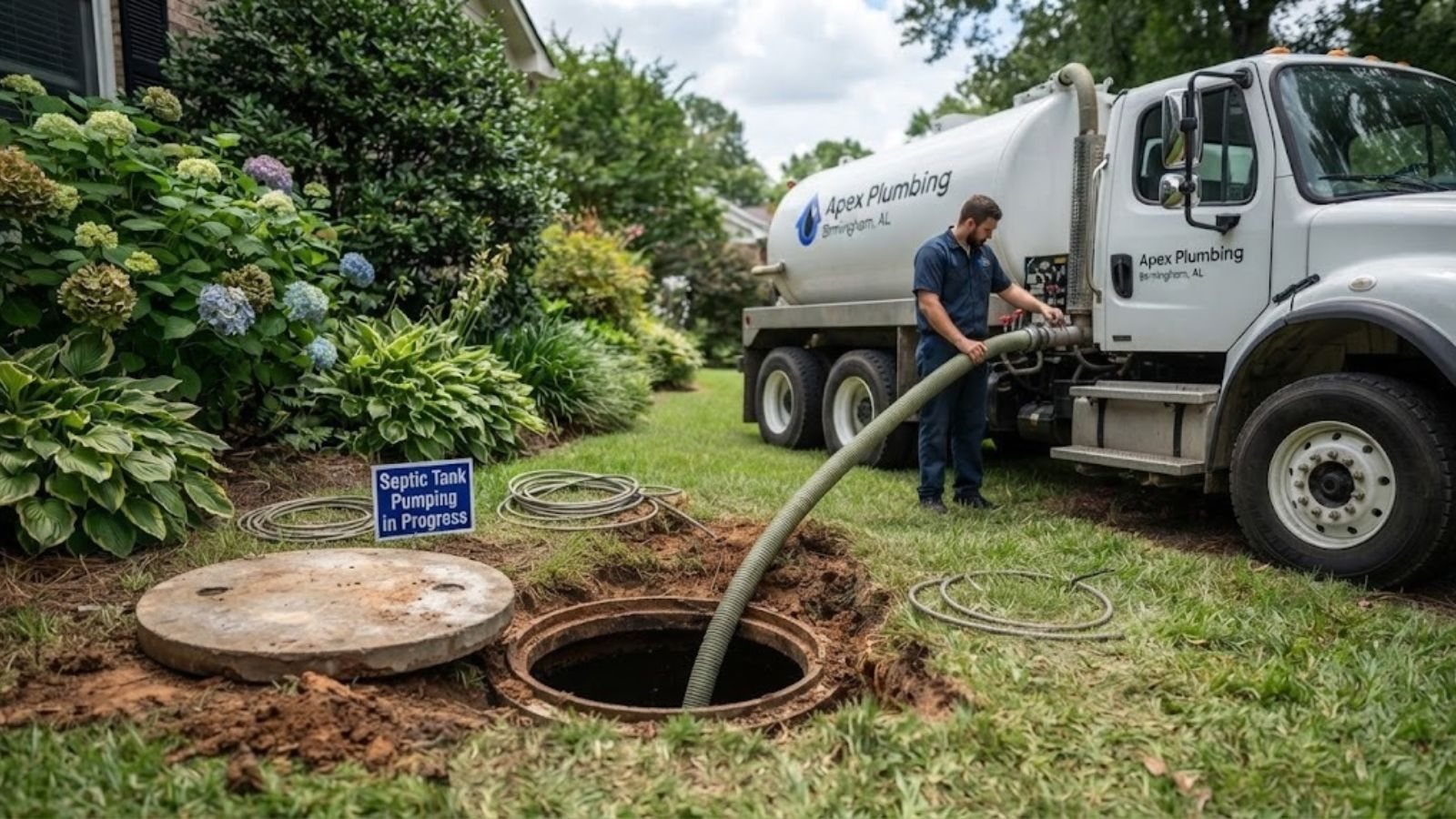 A residential septic tank lid exposed in a yard
