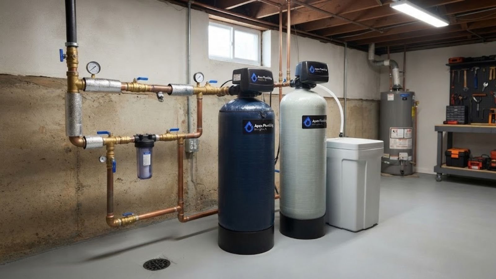 Water softener and filtration tanks installed at a home's main line