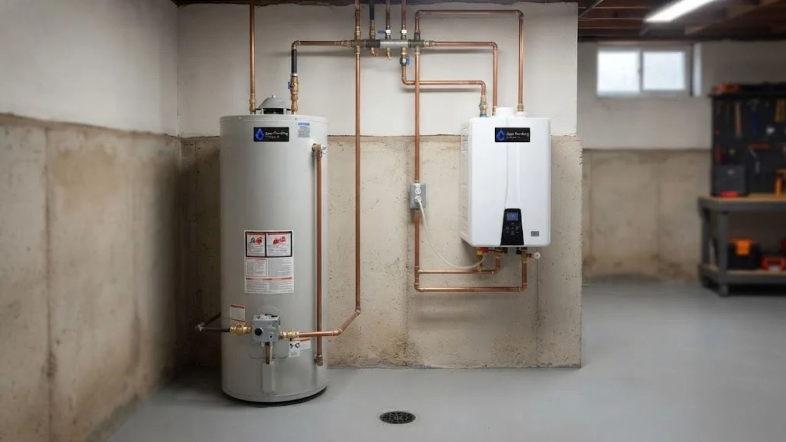 A tank water heater and a tankless water heater side by side