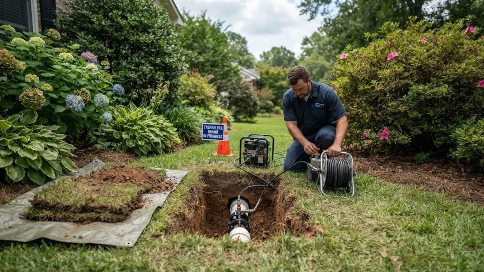 A small trenchless repair access pit in a yard