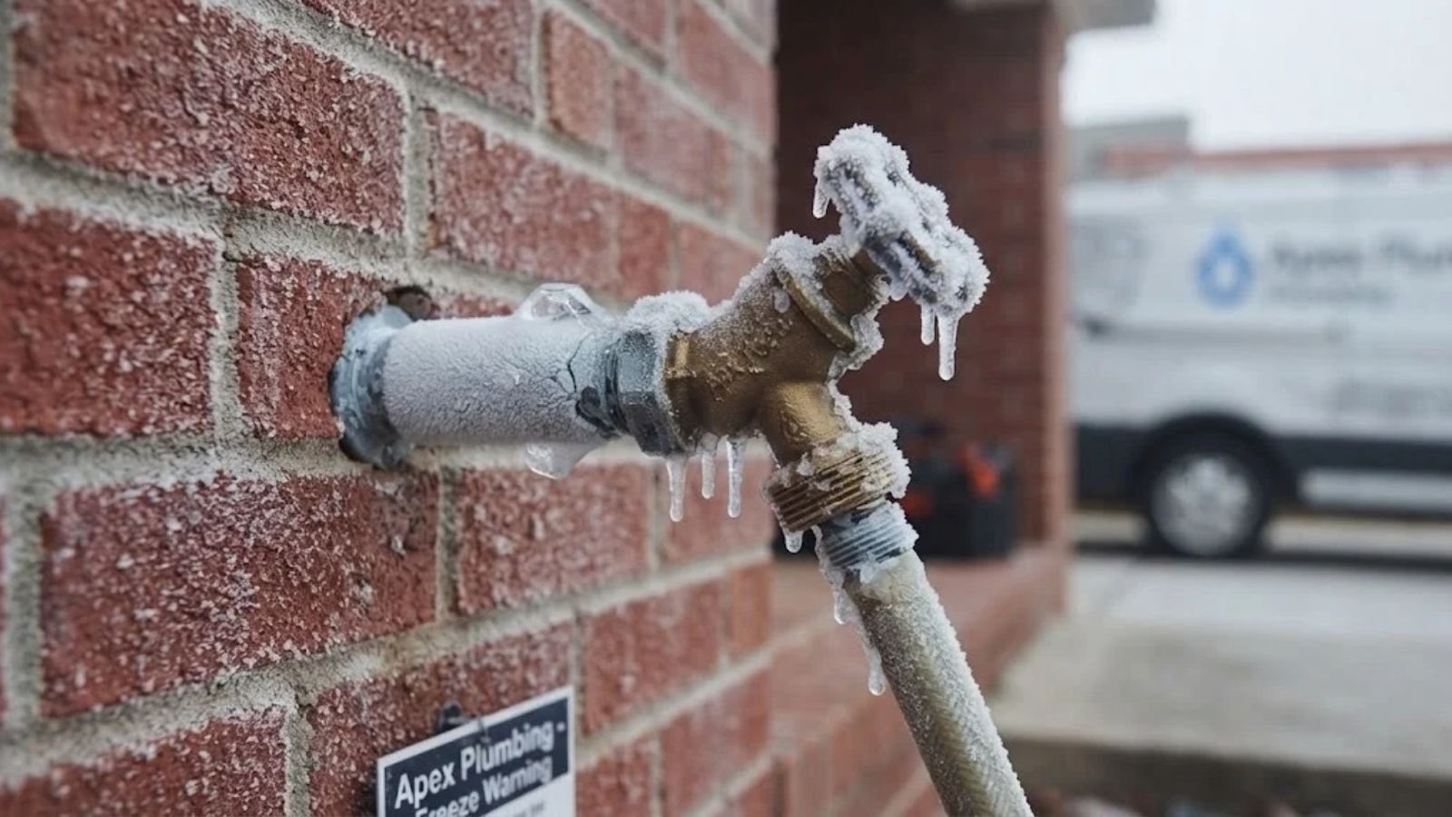Frost on an exterior pipe or hose bib during a winter freeze