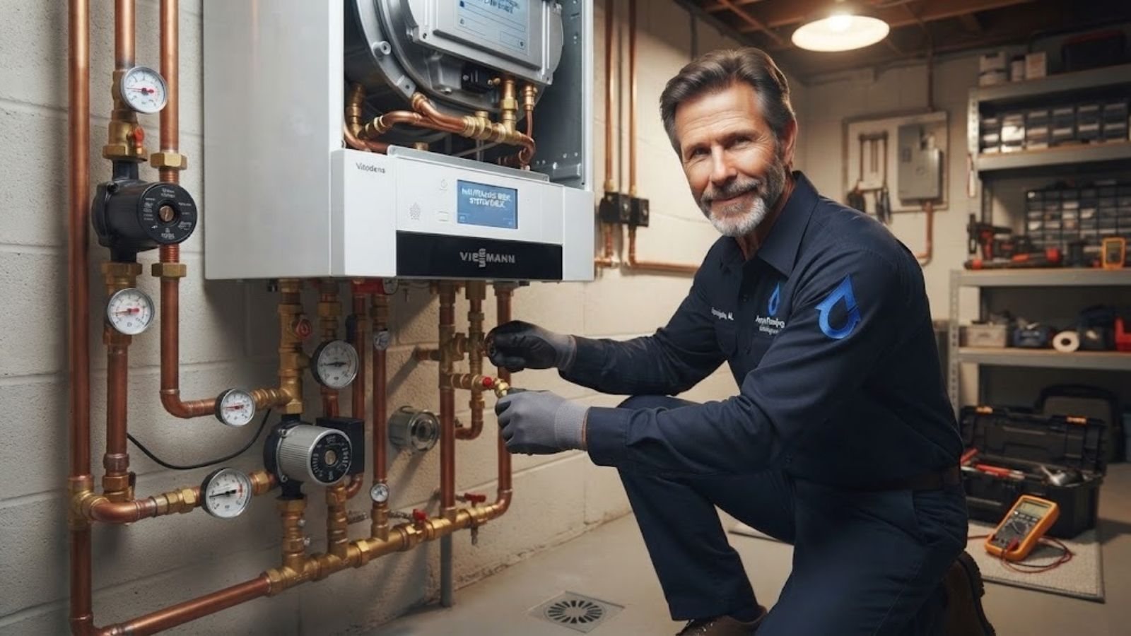Technician servicing a residential boiler in a mechanical room