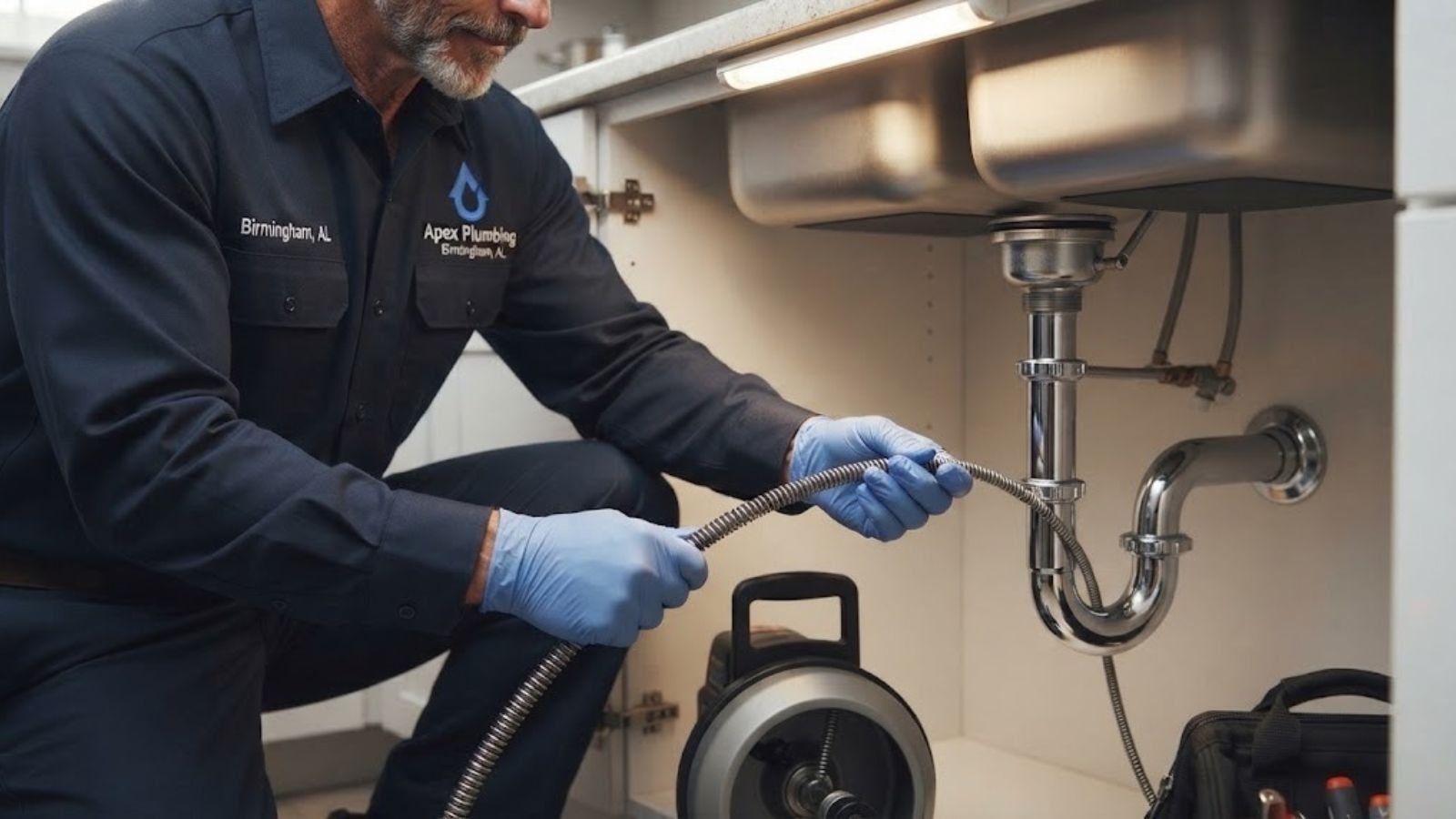 Technician clearing a residential drain line with a cable machine