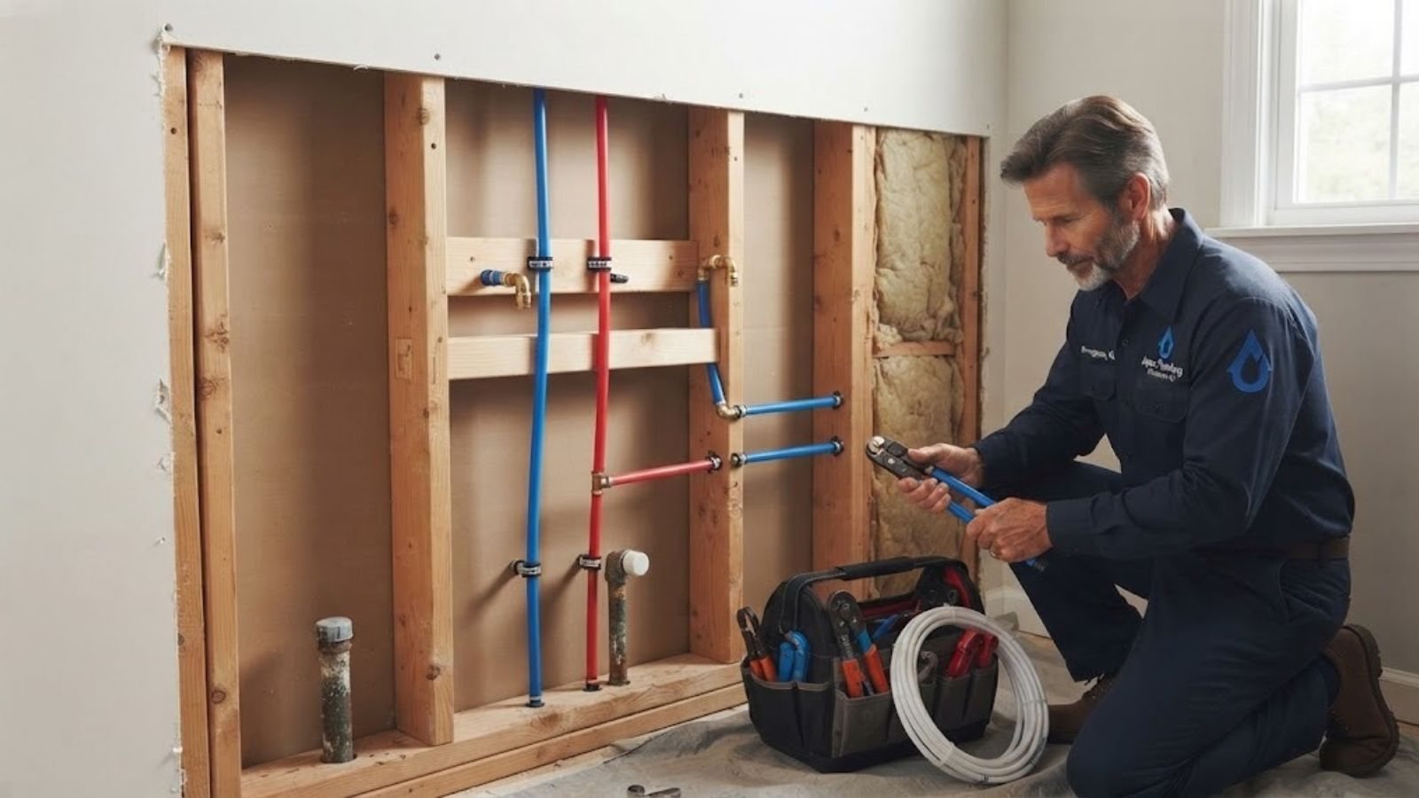 New PEX supply lines run through a wall during a whole-home repipe