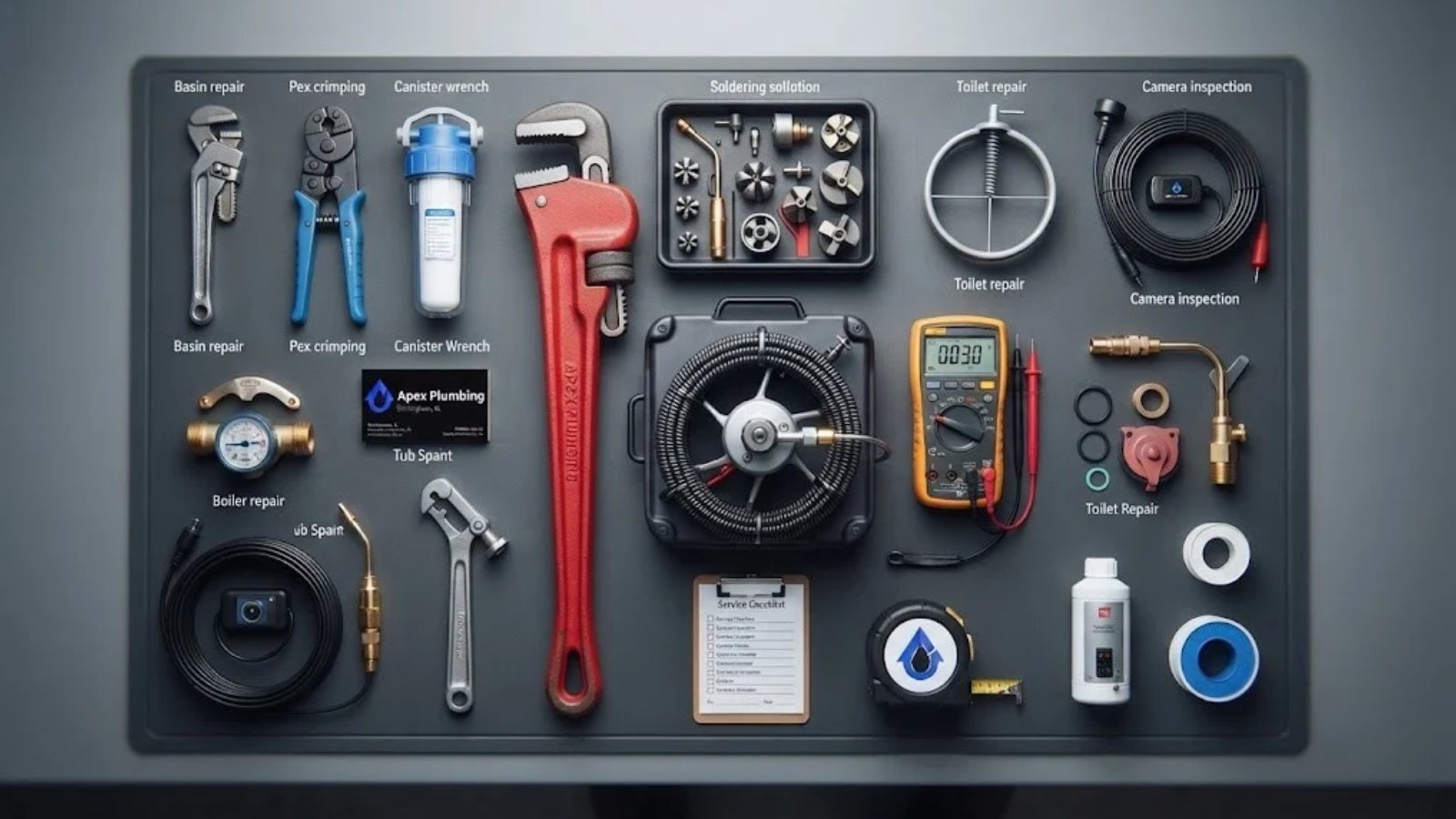 Common plumbing tools representing the full range of services offered