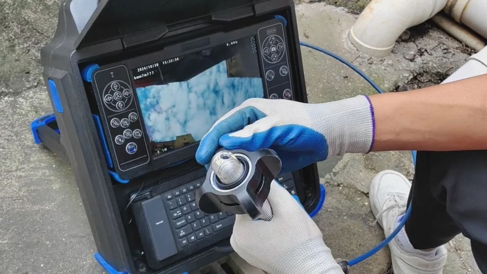 Sewer camera inspection monitor showing the inside of a pipe