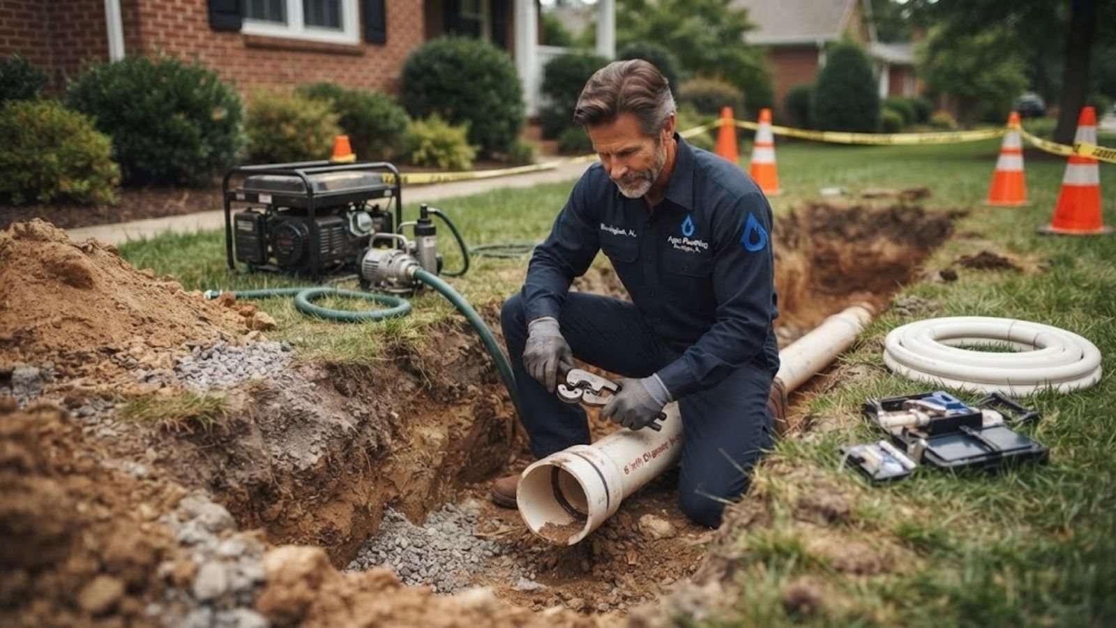 Sewer line repair in progress in a residential yard