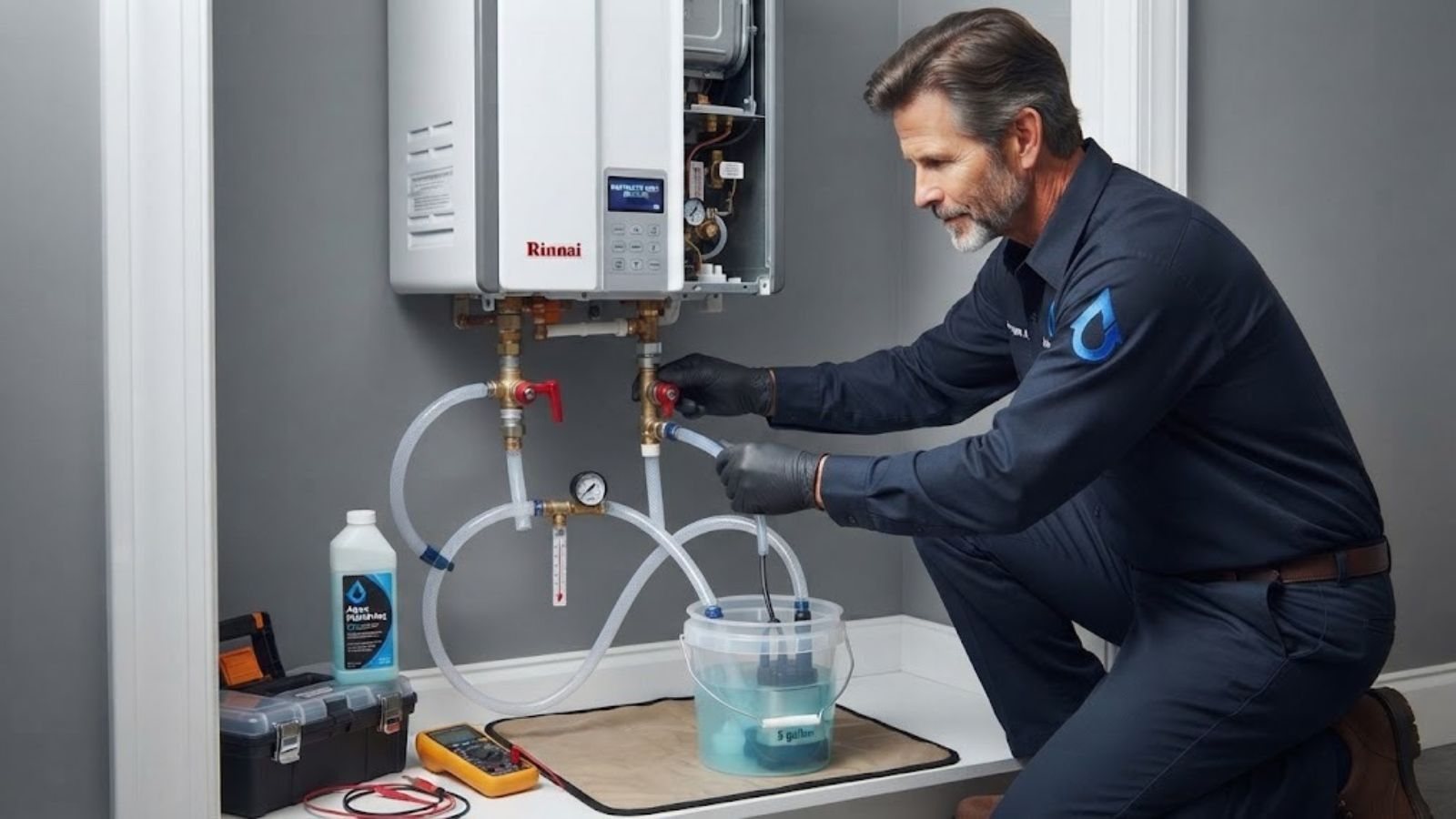 Technician servicing a wall-mounted tankless water heater