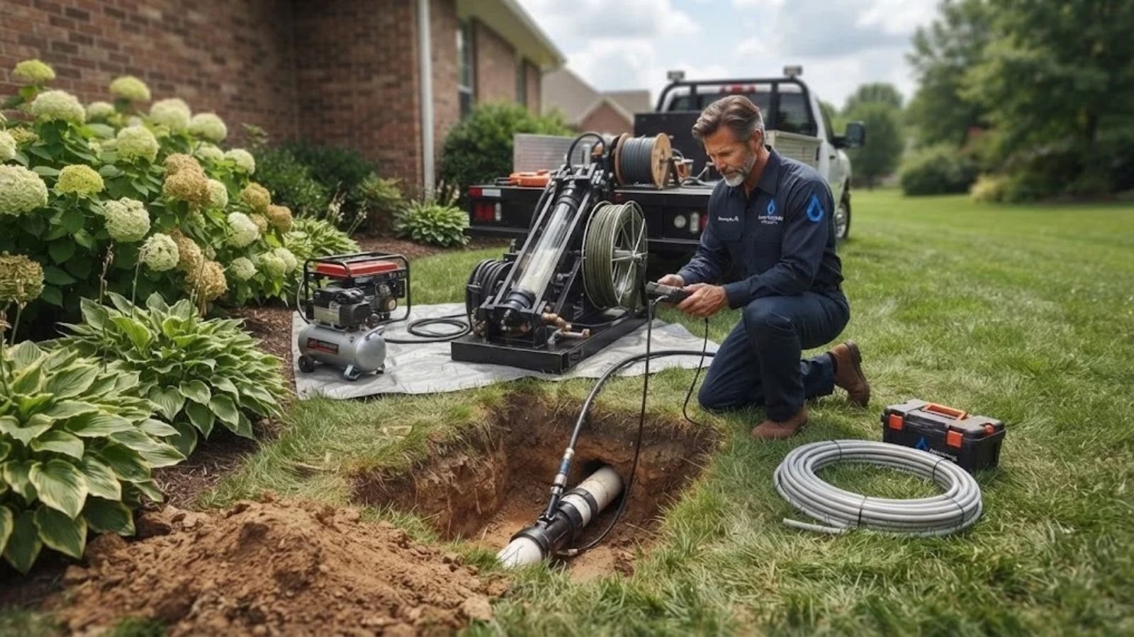 Trenchless pipe lining equipment at a small access pit