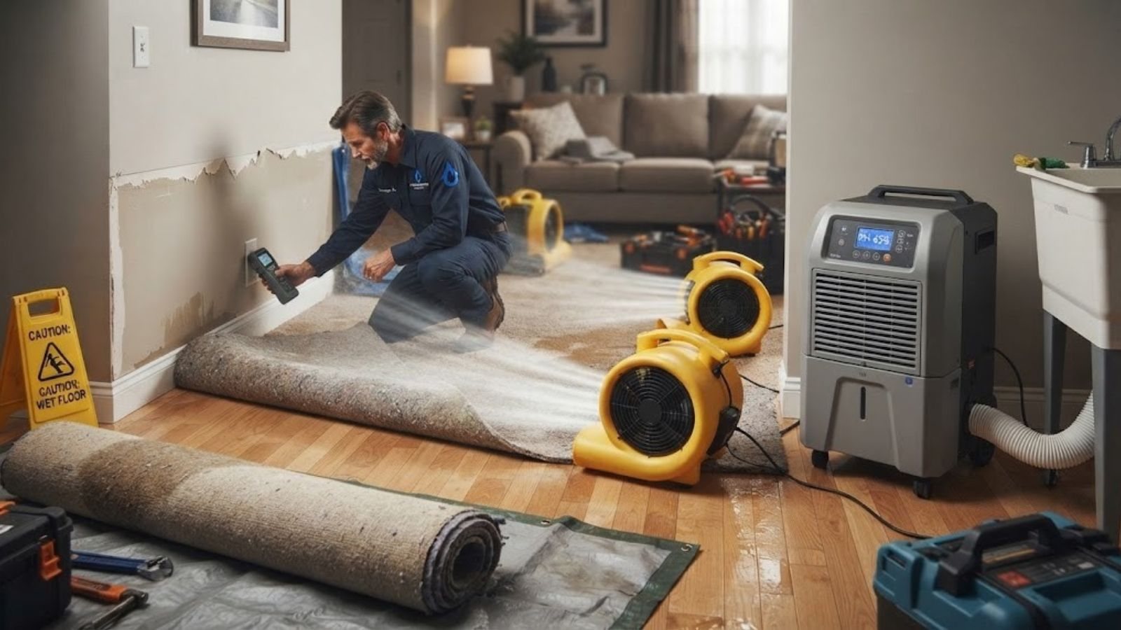 Water extraction and drying equipment during active water damage mitigation