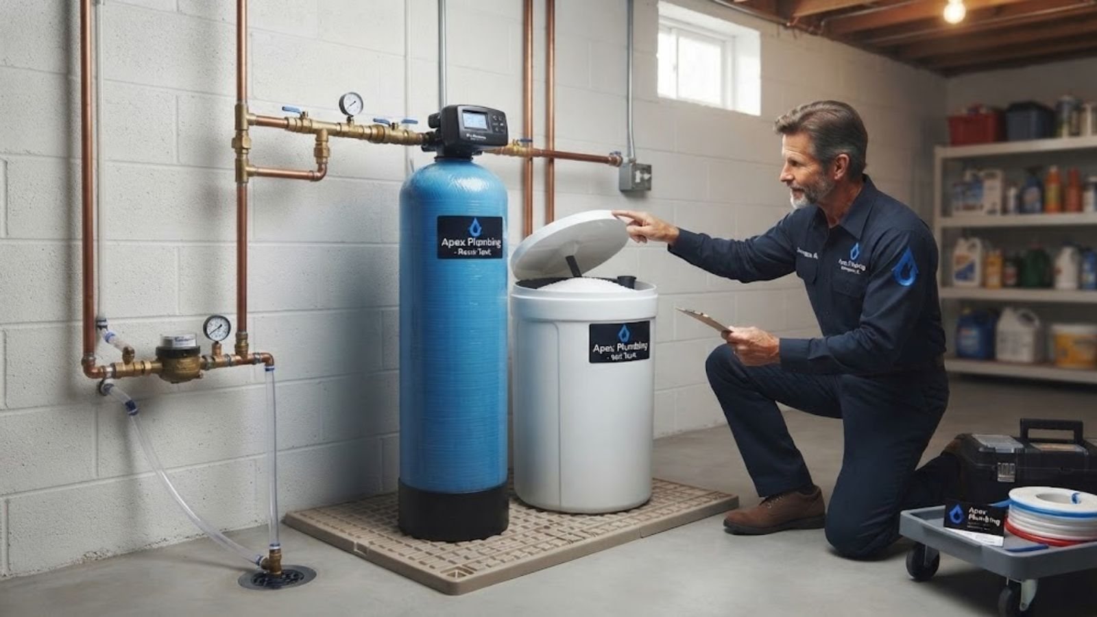 Water softener system installed in a home